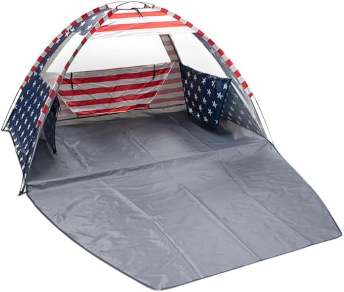American Flag Portable Beach Tent Anti UV for 3-4 Person – Premium Beach Tent Sun Shelter with 3 Large Mesh Windows – Shad...