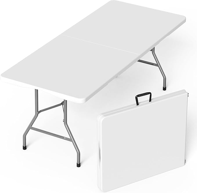 VSOAEIL Folding Table 6 Foot for Indoor Outdoor, Portable Heavy Duty Fold-in-Half Utility Plastic Foldable Dining Table wi...