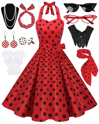 Women's 1950s Polka Dress Set Audrey Vintage-Inspired Cocktail Halter Swing Dress with Accessories 10PCS