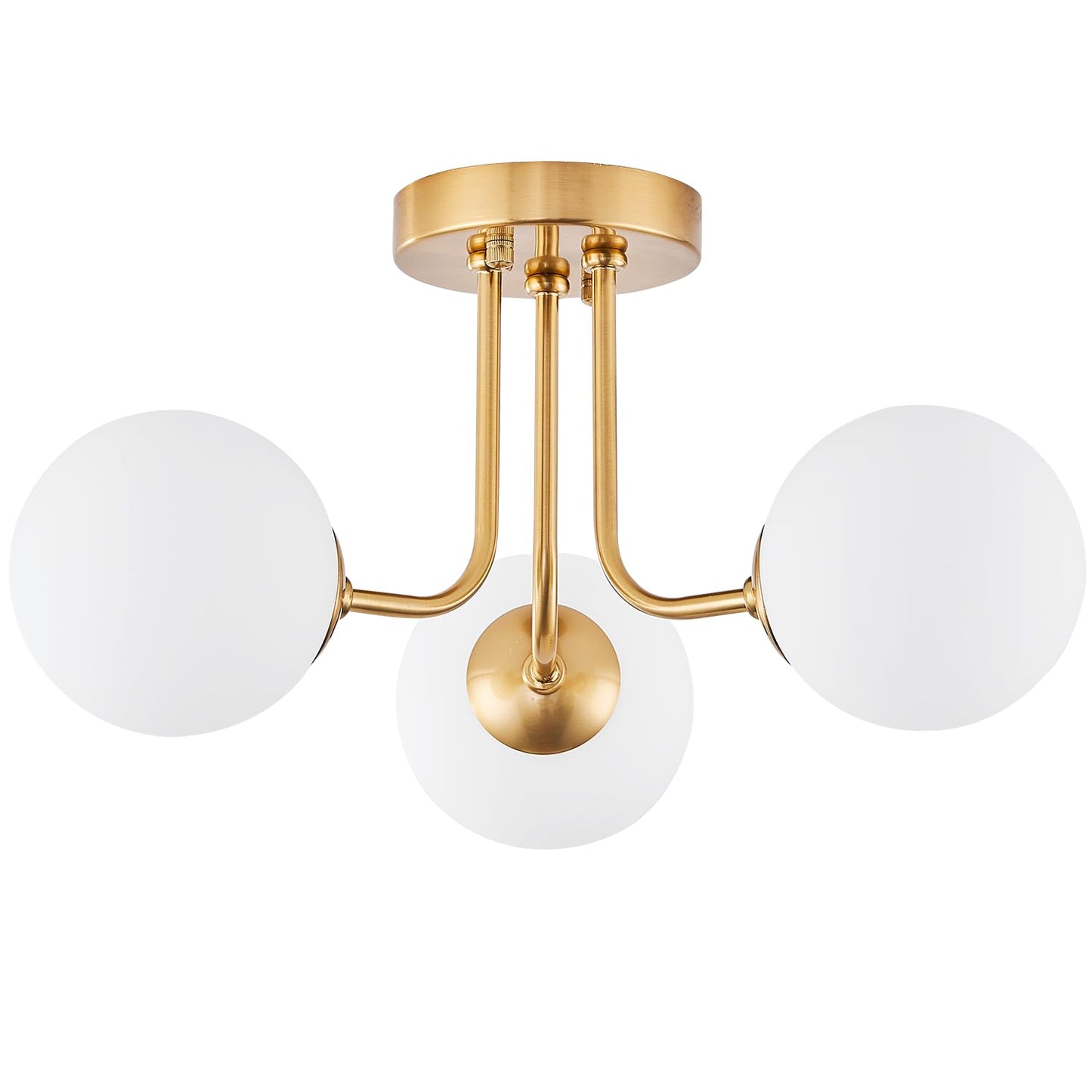 Hoengles Modern Semi Flush Mount Ceiling Light,Globe Milk Glass Shade Brushed Brass Finish Ceiling Light 3-Light with Ceramic Base,Sputnik Chandeliers for Bedroom Hallway Dining Room Lighting Fixture