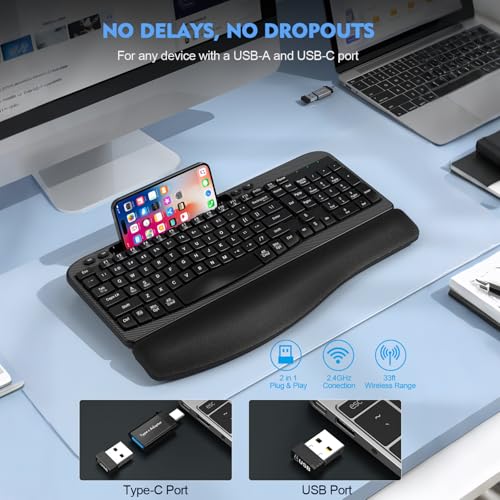 Ergonomic Wireless Keyboard with Cushioned Wrist Rest, Wave Keys, Phone Holder, Comfortable Natural Typing, 2.4GHz Full Si...