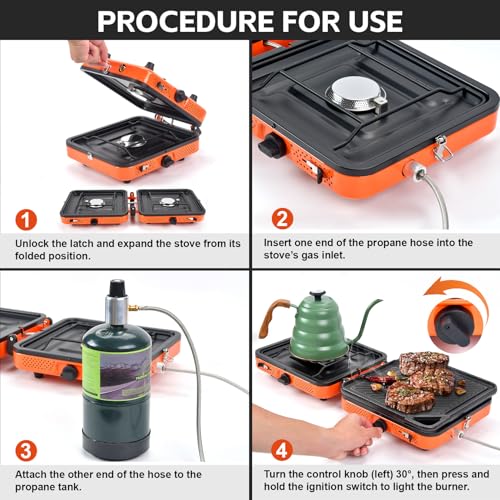 GGC Camping Stove 2 Burner, 20,000 BTU Foldable Camping Stove, Propane Portable Camp Stove with Adjustable Flame, Piezo Ig...