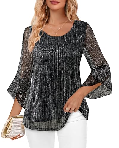 Bebonnie Women's Ruffle 3/4 Sleeve Elegant Dressy Blouses Crew Neck Double Layers Mesh Tunic Tops