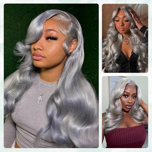 Silver Grey Body Wave Bundles Human Hair 24 Inch, Soft and Thick Short Single Bundle 100% Unprocessed 12A Remy Hair Lavender Gray Color Sew In Quick Weave Wavy