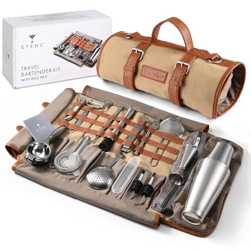 Etens Bartender Travel Kit with Waxed Bag | 22 Piece Bar Set in Roll | Portable Cocktail Tools for Home & Travelling Barte...