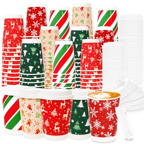 FULJOOY 100 Sets Snowflake Gingerbread Man Christmas Tree Candy Disposable Coffee Cups with Dome Straws Sleeves 12 oz Pape...