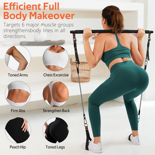 Pilates Bar Kit with Resistance Bands, 3-Section Multifunctional Yoga Pilates Bar with Metal Adjustment Buckle.Portable Pi...