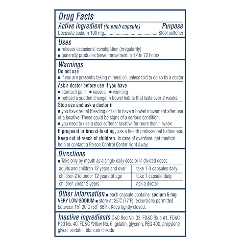 Colace Stool Softener 100 mg, 250 Capsules, Constipation Relief, Docusate Sodium, Gentle Docusate, Stimulant-Free, Regular Strength, #1 Doctor Recommended Stool Softener Brand