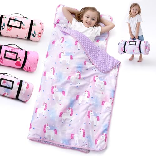 Nap Mat with Pillow Blanket Set: Sleeping Mats for Toddler Kids - Thick Large Roll up Slumber Bag for Daycare Preschool Ki...