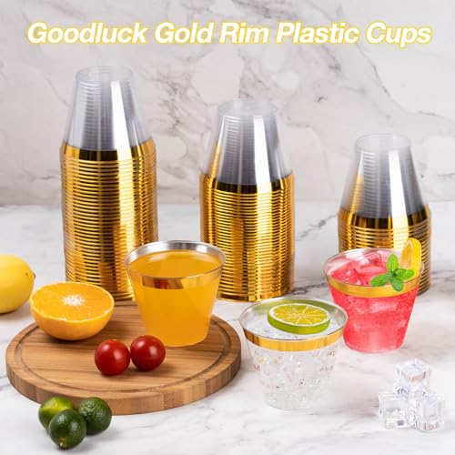 Goodluck 100PCS 9oz Gold Plastic Cups for Party, Disposable Gold Rim Cups, Plastic Cocktail Glasses for Wedding Thanksgivi...
