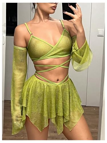 OYOANGLE Women's 2 Piece Mesh Sheer Criss Cross Crop Top and Asymmetrical Mini Skirt Party Rave Outfits