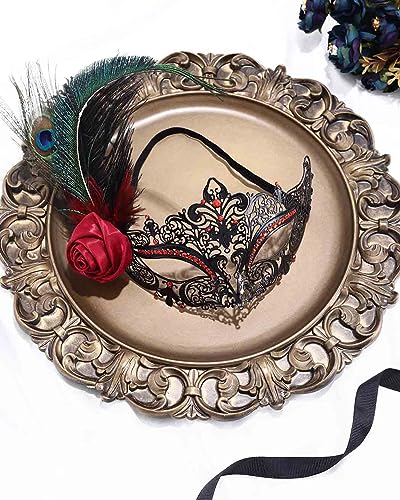 Campsis Feather Masquerade Mask Red Rhinestone Venetian Mask Flower Ball Masks for Women