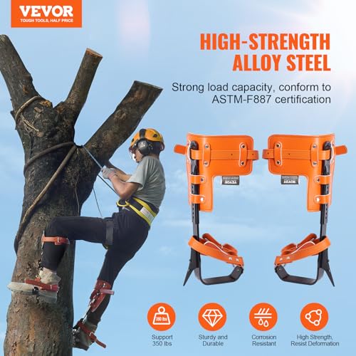 VEVOR Tree Climbing Spikes Set, 1 Pair Height-Adjustable Climbing Spurs with Security Harness and Utility Rope, 350lbs Loa...