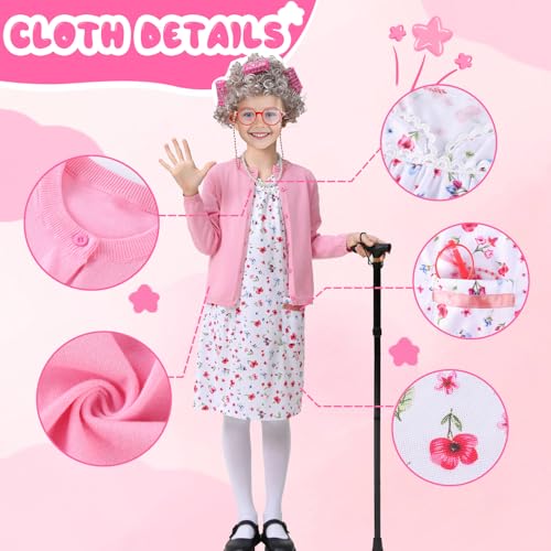 FUNSENLY Old Lady Costume for Kids Girls 100 Days of School Costume, Granny Grandma Dress Up for Girls