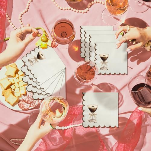 Dunzoom 100 Pcs Martini Cocktail Napkins a Tini Bit Older Birthday Decorations Scalloped Disposable Paper Napkins Espresso...