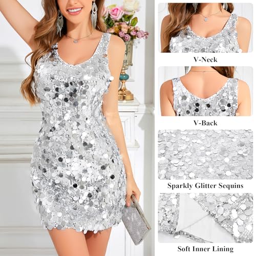 Women's Sequin Dress Sparkly Glitter V Neck Sleeveless Shift Dress Cocktail Disco Outfit Party Club Night Out Dresses