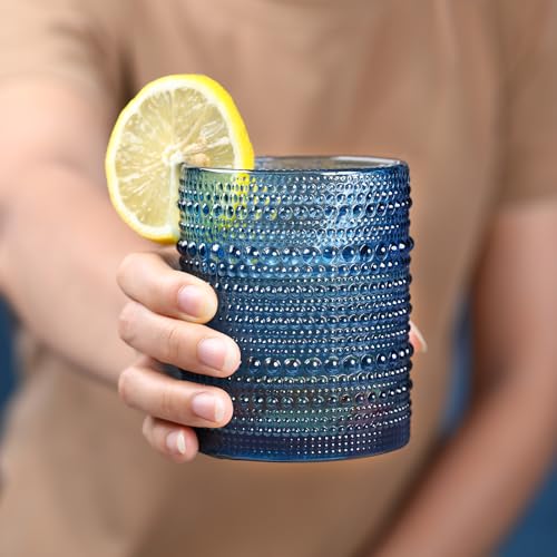 KMIGRUAN Hobnail Drinking Glasses Set of 6,12oz Blue Vintage Glassware,Cocktail Glasses,Embossed Glass Cups,Water Tumbler ...