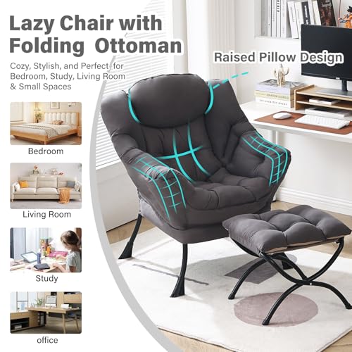 Lazy Chair with Ottoman, Modern Chair with Folding Footrest, Lounge Accent Chair, Comfortable Reading Chair, Oversized Arm...