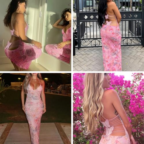 Women's Fairy Butterfly Maxi Dress Sexy Sleeveless Backless Long Dress Bandage String Bodycon Beach Club Party Dress