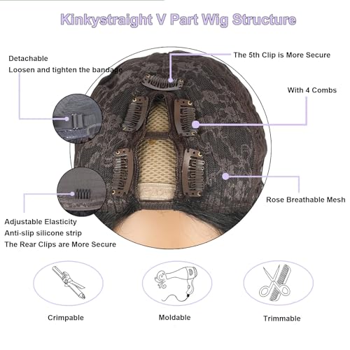 V Part Wigs Human Hair Kinky Straight Human Hair Wig Upgrade U Part Human Hair Wig for Black Women V Part Half Wigs Glueless Wear and Go No Leave Out No Sew In 180% Density Natural Color 20 inch