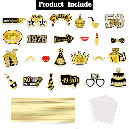 50th Birthday Photo Booth Props for Women & Men, Black Gold Adult 50th Birthday Photo Booth Props, Cheers to Fifty Birthda...