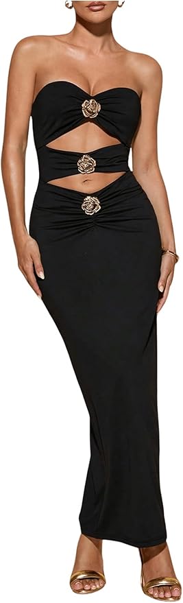Milumia Women's Metal Cut Out Strapless Tube Top Dress Bodycon Maxi Dresses Party Cocktail