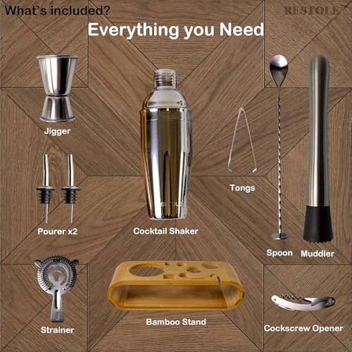 Restole 10-Piece Cocktail Shaker Bartender Kit - Elegant Drink Mixer Set Muddler Jigger Strainer, Dishwasher Safe, for Hou...