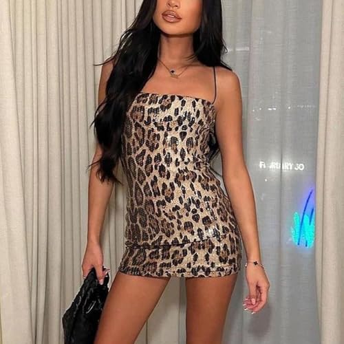 E EMZHOLE Women Sparkly Sequin Spaghetti Bodycon Dress Leopard Mini Dress for Party Cocktail Dress Evening Party Clubwear