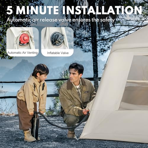 Inflatable Tents for Camping, Blow Up Tent with Hand Pump, 3-4 Person Air Glamping Tent with Canopy, Easy Setup 4 Season O...