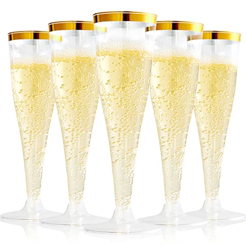 FOCUSLINE 100 Pack Plastic Champagne Flutes, 4.5 Oz Gold Rim Plastic Champagne Glasses, Disposable Clear Toasting Glasses ...