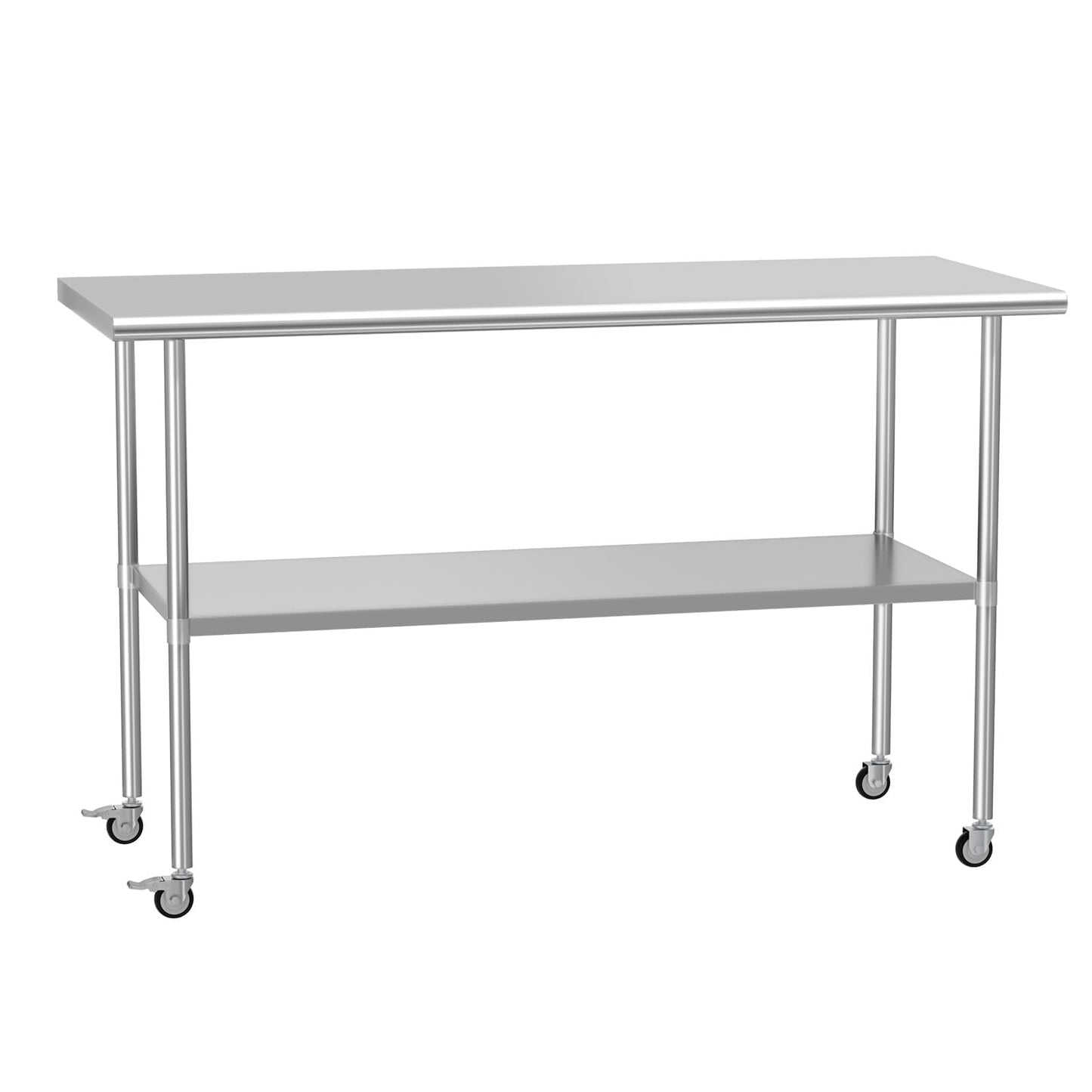 HOCCOT Stainless Steel Table with Wheels 24" x 60" Utility Worktable with Adjustable Undershelf for Commercial Kitchen, Garage, Restaurant