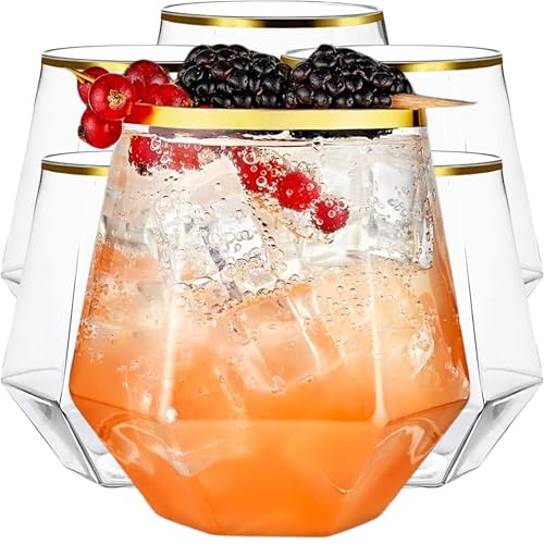 Kitchen Lux 40 Pack Diamond Plastic Wine Glasses Disposable, Gold Cups, Wine Cups, Cocktail Glasses, Plastic Glasses Drink...
