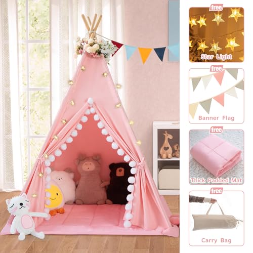 WIRHAO Teepee Tent for Kids with Padded Mat Cotton Canvas Kids Tent with Pompom for Toddlers Indoor Play Tent for Girls Bo...