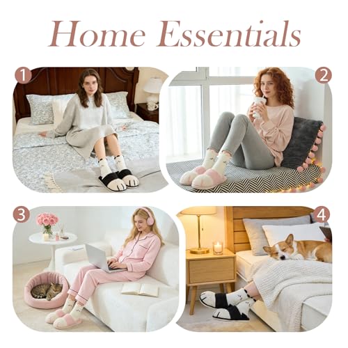 GOEWY 2 Pairs Cat Paw Slippers and Fuzzy Cute Socks Gift Set for Women House Slippers with Memory Foam Warm Cozy Socks