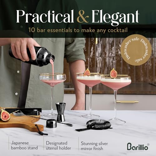 Barillio Black Bartender Kit - Stainless-Steel Cocktail Shaker Set w/Bamboo Stand - Mixology Bar Tools w/Shaker, Drink Mix...