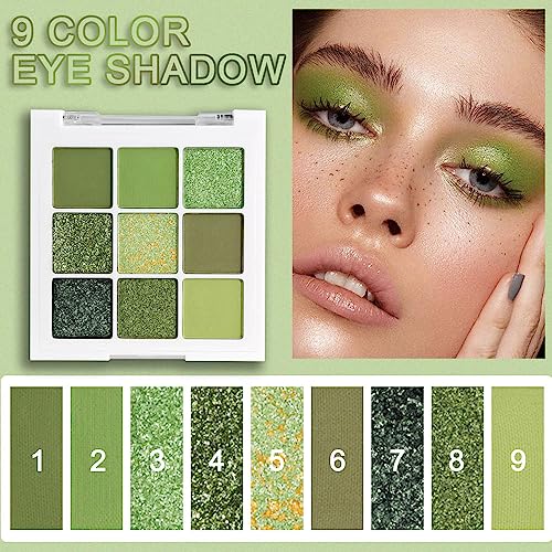 evpct 9 Colors Green Glitter Eyeshadow Palette, Light Dark Emerald Avocado Neon Green Glitter Metallic Shimmer Sparkly Eye...