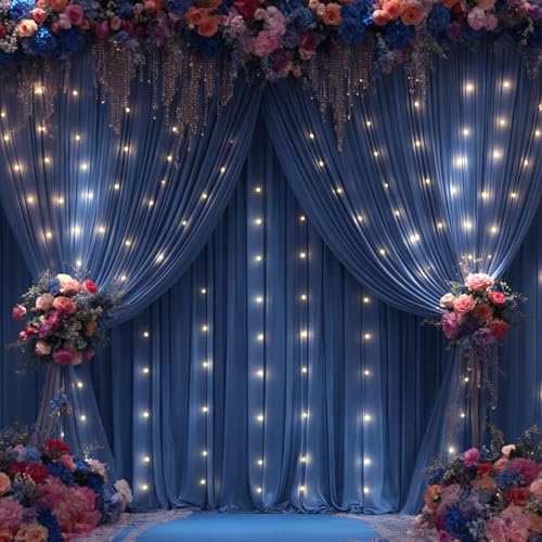 10x10ft Navy Blue Backdrop Curtains with Lights Wrinkle Free Fabric Backdrop Curtain for Wedding Birthday Party Baby Showe...