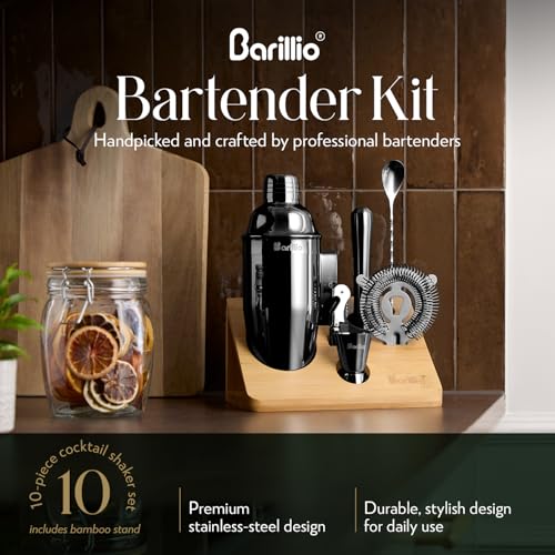 Barillio Black Bartender Kit - Stainless-Steel Cocktail Shaker Set w/Bamboo Stand - Mixology Bar Tools w/Shaker, Drink Mix...