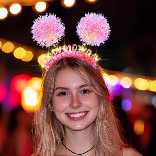 Uranian Light Up Happy Birthday Headbands Led Glitter Pompom Hairbands Glow Birthday Party Hair Accessories for Women