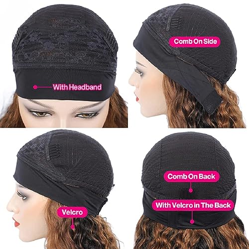 Highlight Headband Wig Human Hair Deep Wave 4/27 Ombre Curly Human Hair Headband Wigs for Black Women Glueless None Lace Front Brazilian Virgin Wig Wear and Go 150% Density 22 Inch