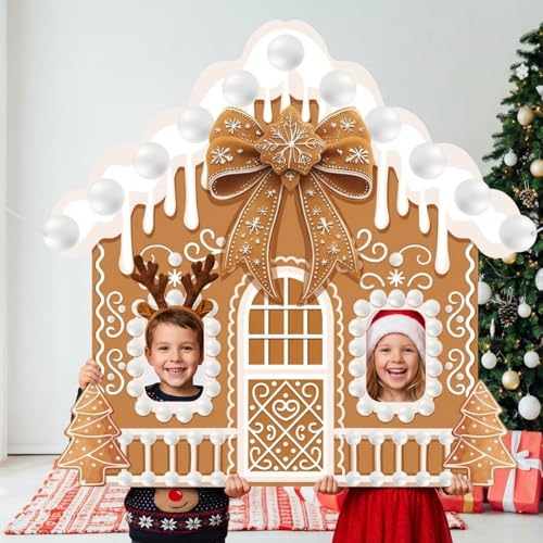 Panelee Christmas Gingerbread House Photo Booth Props Gingerbread Life Size Door Banner Decorations Fabric Backdrop for Xm...