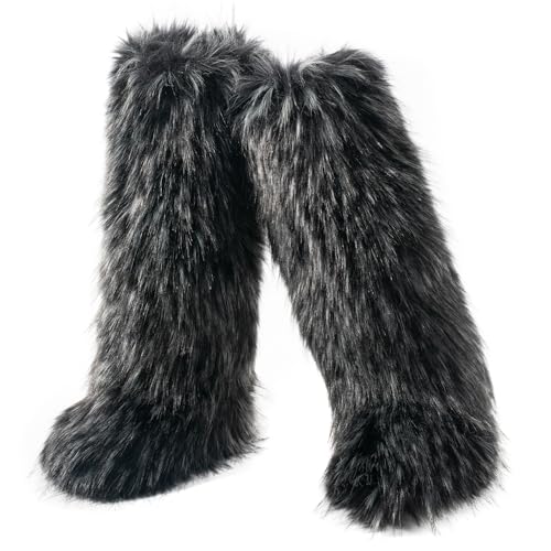 IXU Women's Faux Fur Boot Furry Fluffy Round Toe Suede Winter Comfy Plush Warm Short Outdoor Indoor Flat Shoes Knee-High B...