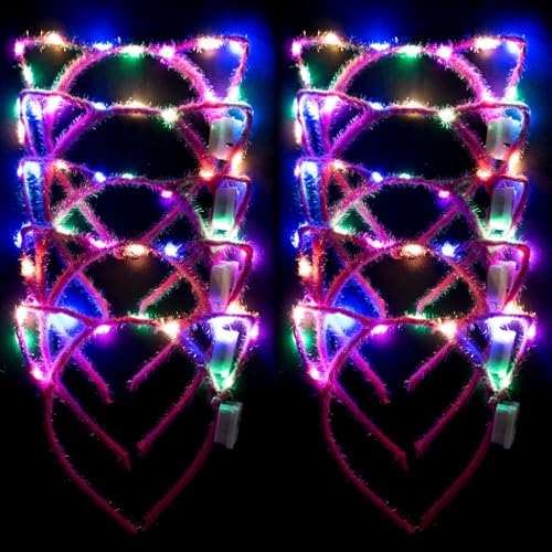 Jeffan 10 PCS Light Up Cat Ears Headband, LED Cute Cat Head Accessories for Women Christmas Halloween Party Supplies