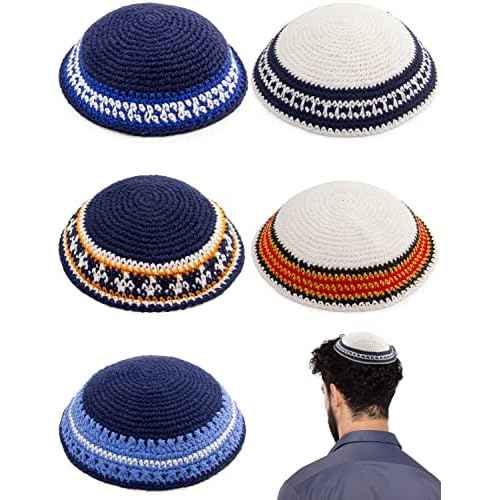 Pack of 5-Pcs - Hq Mix Colors Handmade Knitted Kippah for Men Boys and Kids, Yamaka Hat from Israel - Kippot Bulk (Mix Lines, 17CM Flat)