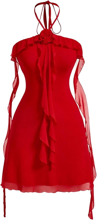 GORGLITTER Women's Flower Strapless Halter Bodycon Mini Dresses Elegant Classy Y2K Mesh Tassel Backless Summer Sundress