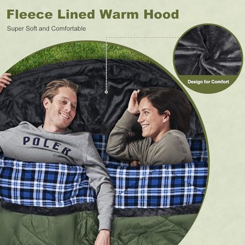 AGEMORE Cotton Flannel Double Sleeping Bag with Fleece Lined Hood, Waterproof Queen Size 2 Person Sleeping Bag for Adults ...