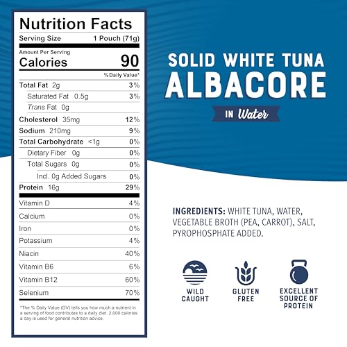 Bumble Bee Chunk White Albacore Tuna in Water, 2.5 oz Pouches (Pack of 12) - Ready to Eat Wild Caught Tuna Packet - 16g Pr...