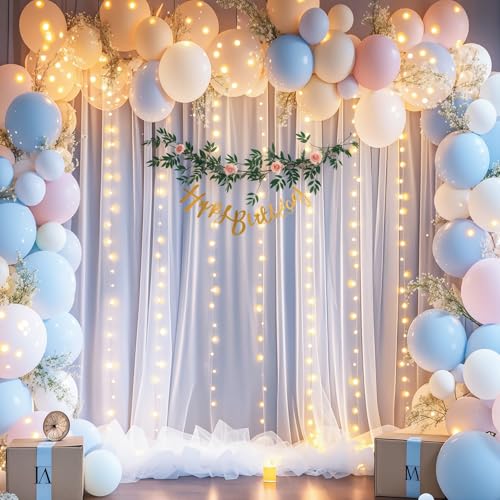 10x10ft White Tulle Backdrop Curtain with Lights String for Parties Wedding Twinkle Sheer Backdrop Curtains for Bridal Sho...