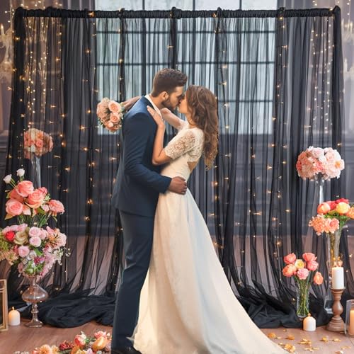 10x10ft Black Tulle Backdrop Curtain with Lights String for Parites, Sheer Photo Backdrop Curtains with Lights for Wedding...