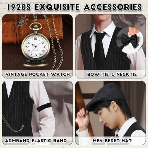 PARTTELY 1920s Mens Costume,Roaring 20s Costumes for Men,1920S Mens Outfit Accessories with Vest Hat Pocket Watch Tie Armband